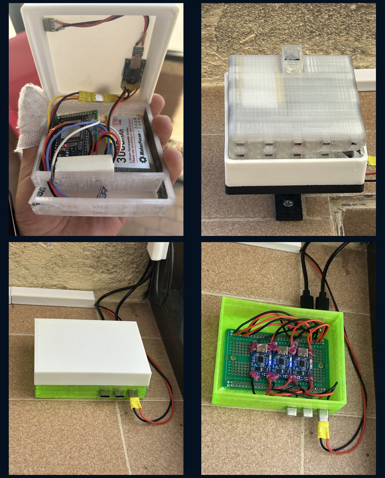 Four documentary views of the EDS station enclosure, sensor electronics, battery, and charging hardware